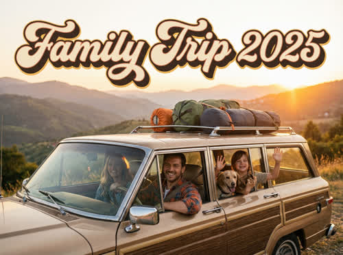 A family is driving in a car on a weekend trip. Text above: "FAMILY TRIP 2025".
