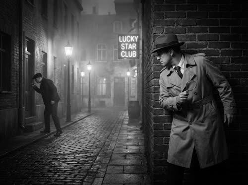 A scene from a detective story in an old-school style. A sleuth sneaks up on a criminal in a mysterious evening city.